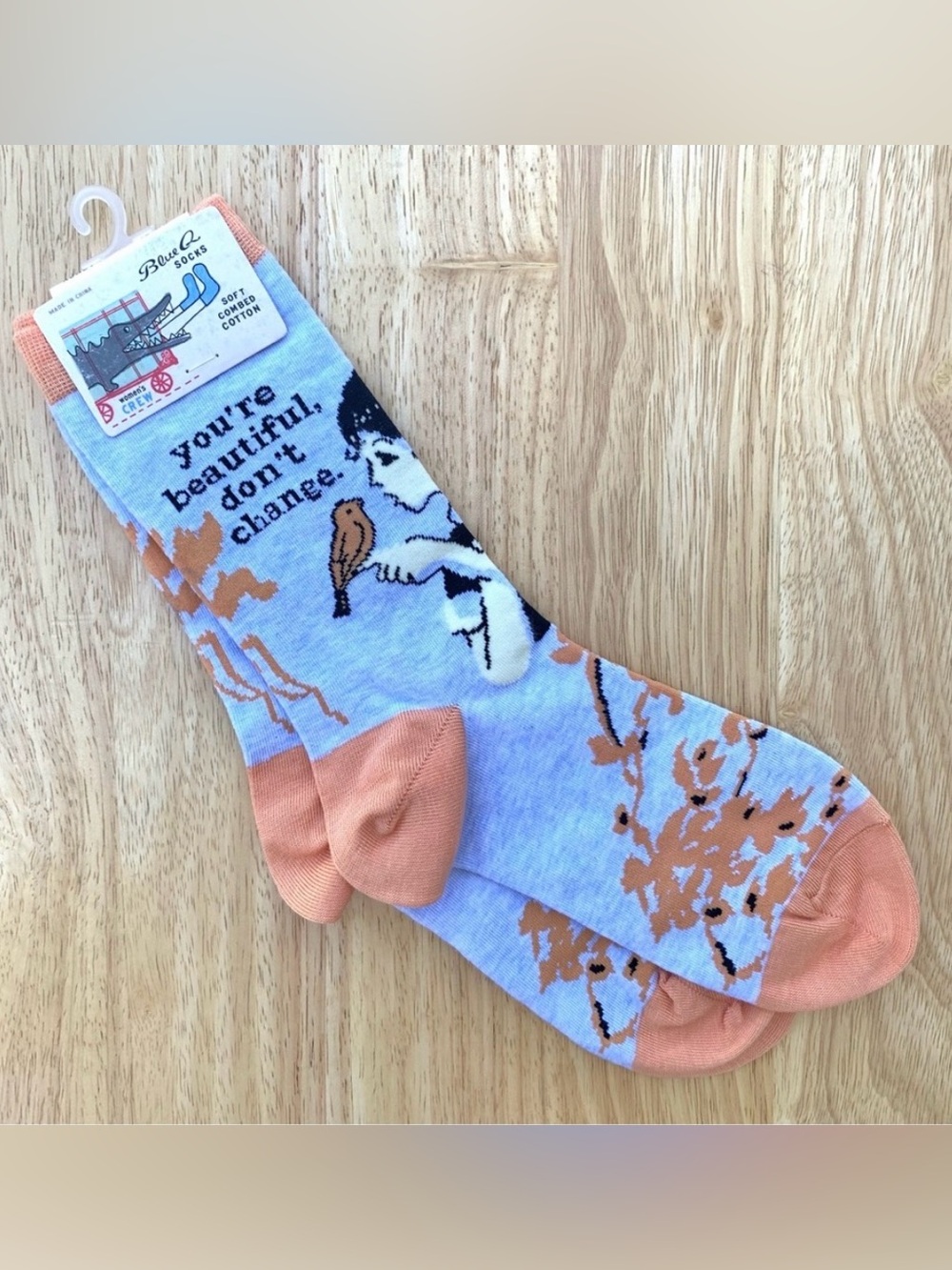 Blue Q Light Blue Crew Socks: You’re Beautiful, Don’t Change ~ Women's Shoe 5-10